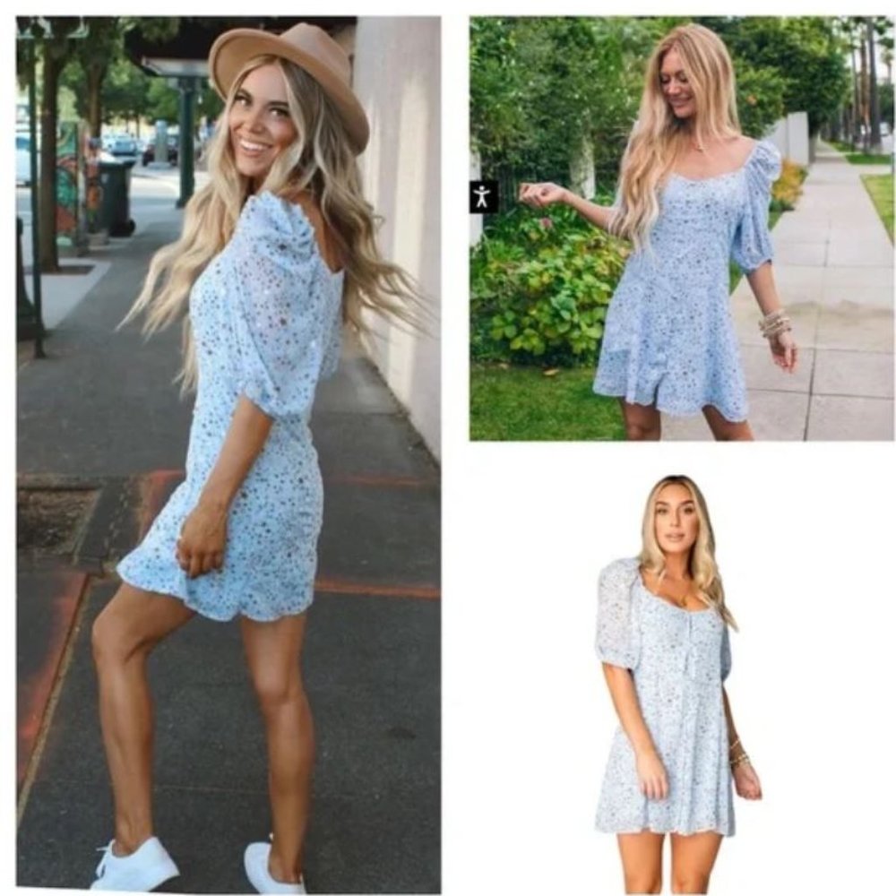 BUDDY LOVE Blue Jennifer Puff Sleeve Star Print Mini Dress Small Starbright
